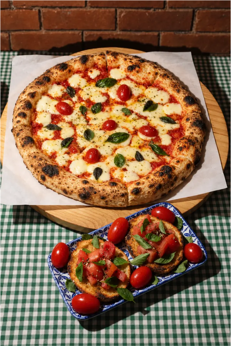 Neapolitan pizza and bruschettas served at the table